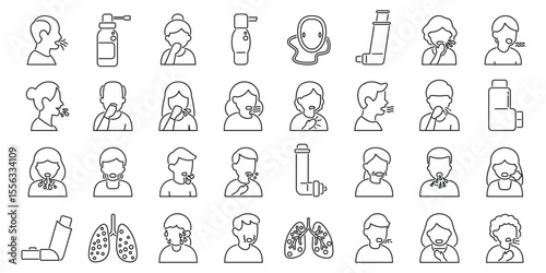 Asthma symptoms icons set. Line icons representing people coughing and sneezing, using inhalers and nebulizers, and lungs affected by disease
