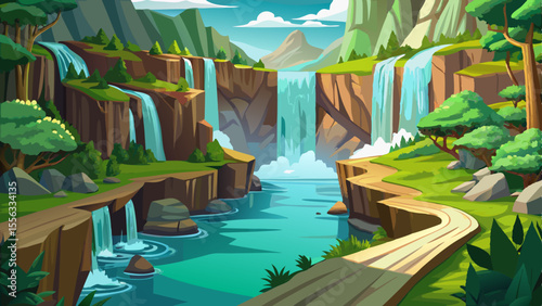 Crystal-clear waterfalls cascade down limestone cliffs into emerald lakes. Narrow wooden paths wind through lush green forests, as if leading into an enchanted world.