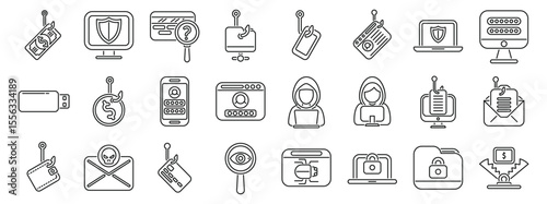 Bait hacking icons set. Phishing attacks and various cyber security threats targeting sensitive data are depicted in a set of icons representing the importance of online safety and data protection
