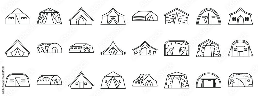 Military tent icons set. Line drawing icons showcasing various military tents and temporary structures, emphasizing mobility, camouflage, and functionality in field operations Military tent icons set. Line drawing icons showcasing various military tents and temporary structures, emphasizing mobility, camouflage, and functionality in field operations