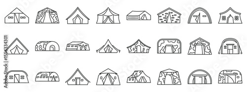 Military tent icons set. Line drawing icons showcasing various military tents and temporary structures, emphasizing mobility, camouflage, and functionality in field operations