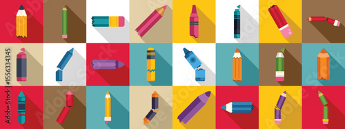 Broken pencil icons set. Seamless pattern of broken and whole colorful pencils, crayons, and markers, perfect for representing creativity, school supplies, or art concepts