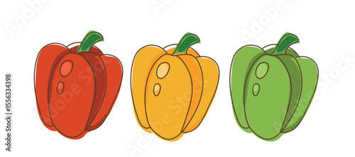 Whole bell peppers collection — red, yellow and green vegetables with stem in flat cartoon style isolated on white background