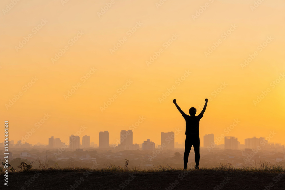 Silhouette person city skyline sunset victory success achievement outdoor happiness motivation inspiration urban landscape evening sky arms raised Silhouette person city skyline sunset victory success achievement outdoor happiness motivation inspiration urban landscape evening sky arms raised