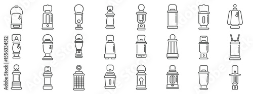 Camp lantern icons set. Camping lanterns illuminating campsites, creating a warm and inviting atmosphere for outdoor enthusiasts
