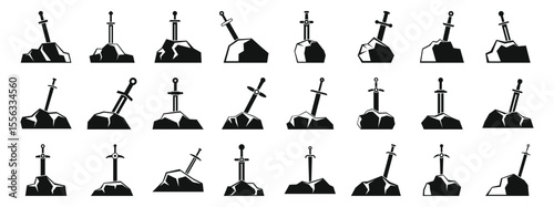 Sword stone icons set. Swords implanted in stones icons set demonstrating power and victory, in simple style isolated on white background for any web design