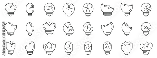 Broken bulb icons set. Set of broken light bulb icons representing concepts such as failure, lack of ideas, and the end of a project