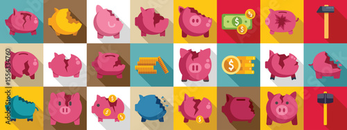 Broken piggy bank icons set. Set of broken piggy bank icons representing economic hardship, loss of savings, and financial ruin
