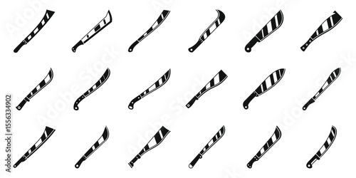 Machete knife icons set. Set of machete icons showing different types of machetes for cutting