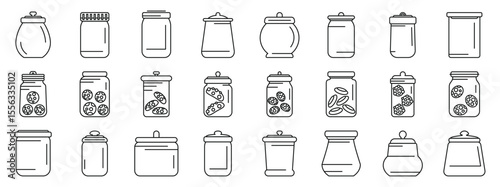 Cookie jar icons set. Various cookie jars are depicted, showcasing different shapes and sizes, some containing cookies and others empty, emphasizing food storage and freshness