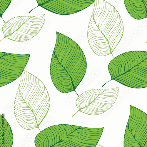 Seamless Tropical Leaf Pattern Vector - Green Banana Leaves Background Illustration