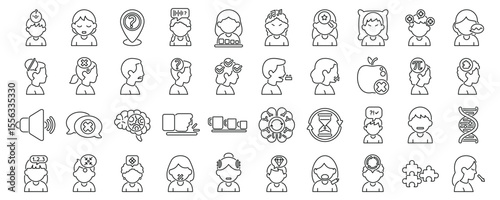 Autism symptoms icons set. Diverse set of icons representing various mental states and cognitive processes, useful for illustrating psychology, mental health, and human behavior