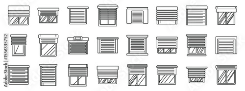 Roller shutter up icons set. Window covering icons showing roller, venetian, roman, and pleated blinds protecting from sunlight, providing privacy and thermal insulation