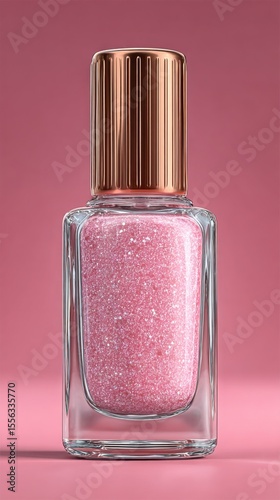 A bottle of pink nail polish with a golden ridged cap on pink