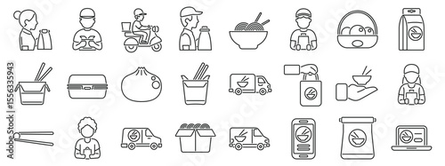 Chinese food delivery icons set. Line icons representing different aspects of food delivery services, from ordering to delivery and packaging