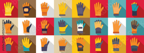 Construction gloves icons set. Colorful gloves icons set showing different styles, materials, and functionalities for various activities and professions