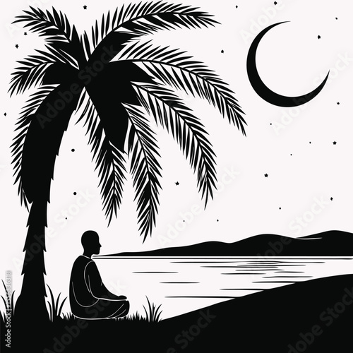 Tropical summer sunset with a woman's silhouette and palm trees on the beach.