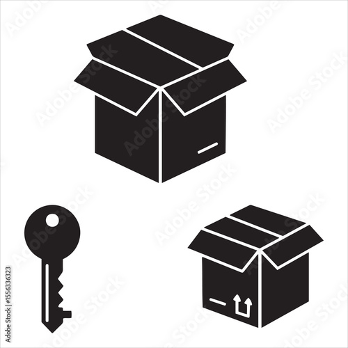 Open cardboard boxes and a key representing storage and access