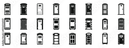 Bio toilet icons set. Collection of bio toilet icons representing various portable restroom options for construction sites, festivals, and outdoor events