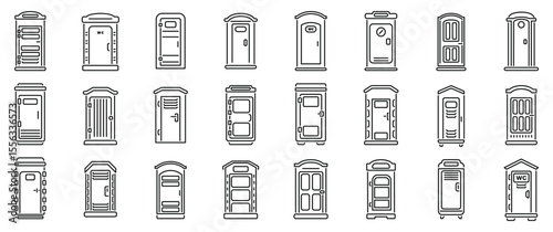 Bio toilet icons set. Portable toilet icons showcasing diverse designs, ideal for illustrating sanitation solutions at outdoor events, construction sites, and public spaces