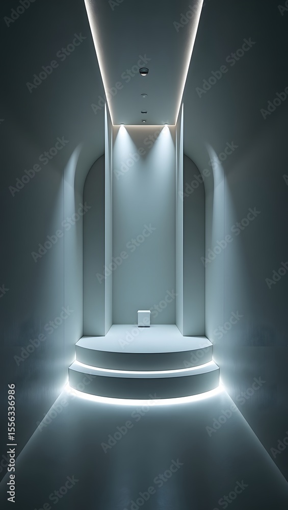 Obraz premium Modern minimalist product display: serene, arched alcove with illuminated steps and subtle blue tones.