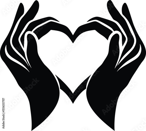 Black silhouette of two hands forming a heart shape isolated on white background