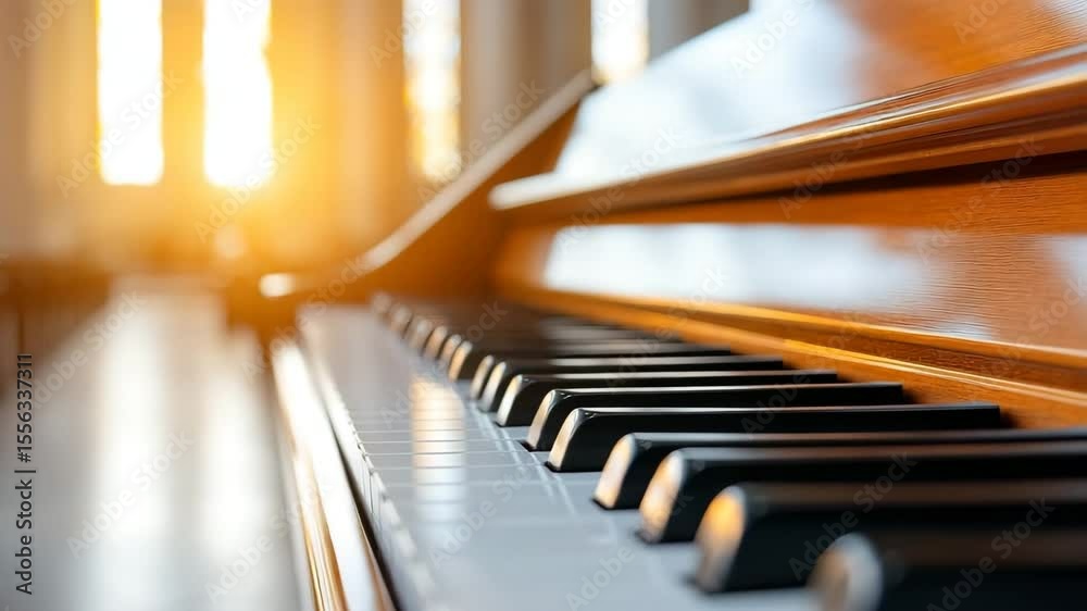 Piano Keyboard Wooden Instrument in Sunlight, Bright Room with Warm Peaceful Atmosphere, Music Reflections on Elegant Keys, Inviting Ambiance and Classic Interior