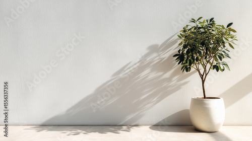 Olive Green Plant in White Pot Against a White Wall in Sunlight