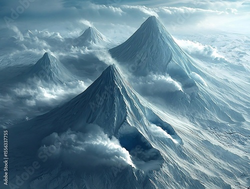 Surreal mountain range made of sleeping giants clouds drifting from their mouths time frozen