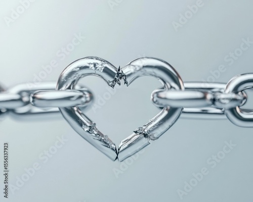 A close-up of a broken metallic chain link shaped like a heart, symbolizing fragility and broken connections.