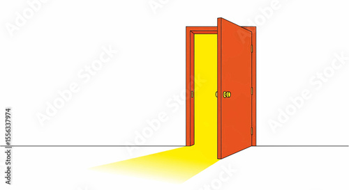 This high-quality vector illustration features an orange ajar door with bright yellow emanating light on a white floor, emphasizing entry, warmth, and clean design.