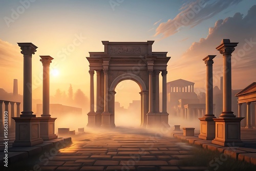 Roman Forum Sunrise Archway and Columns in Golden Light