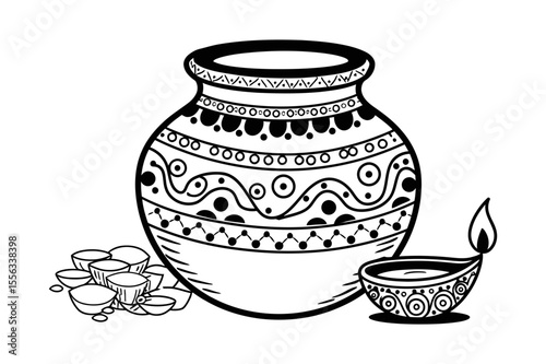 Decorated pot with diya and small bowls illustration silhouette