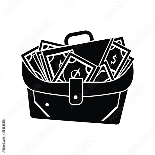 An open briefcase is overflowing with cash bills in black and white