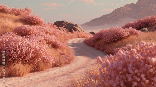 A plants blooming along a winding desert road, golden-hour sky blending warm beige, sand pink, and muted sage hues.