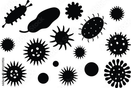 Diverse microscopic organisms silhouette collection isolated on white background