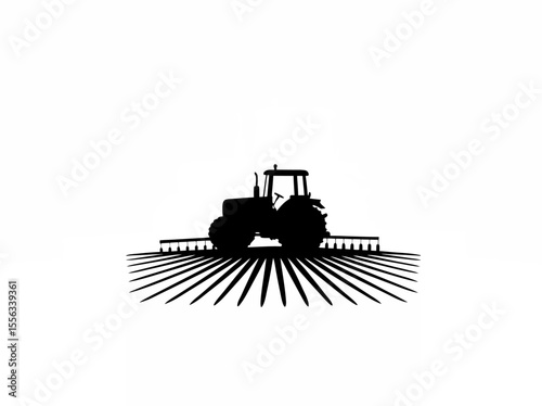 Silhouette of a tractor plowing a large field on white background