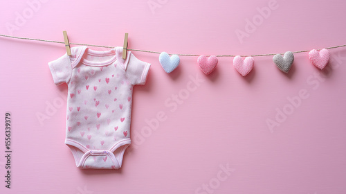 Tiny baby onesie with heart pattern hanging on a mini clothesline, placed on the left side of a pastel pink background, sweet and clean with space on the right for baby shower message 