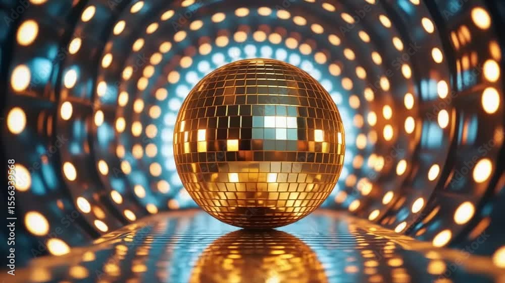 Shimmering disco ball reflecting vibrant lights in a dynamic tunnel, creating an energetic atmosphere