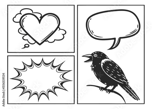 Collection of nine hand drawn speech bubbles silhouette isolated on white background