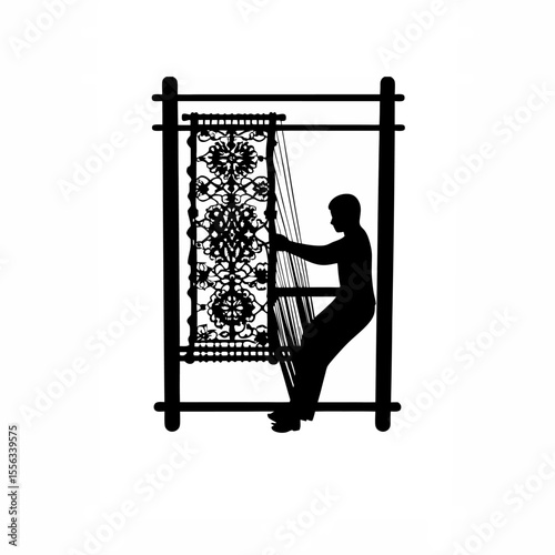 Silhouette of a weaver at a loom creating intricate patterns on white background
