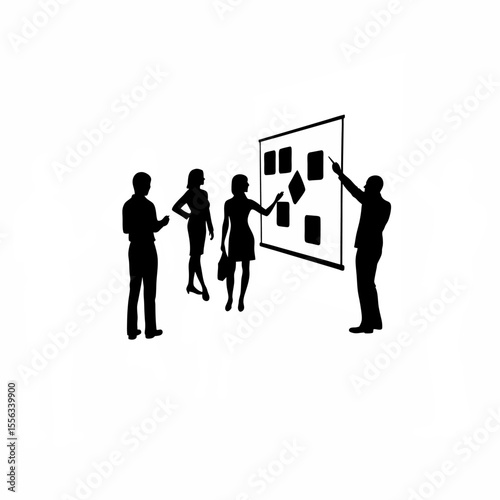 Silhouette of adults attending a skill-development workshop on white background