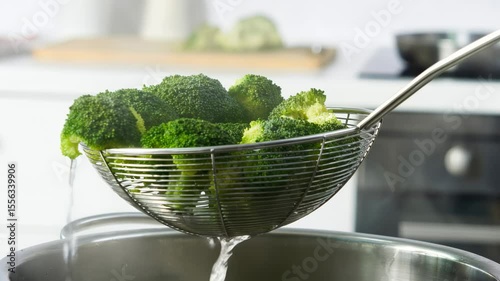 Closeup of skimmer draining broccoli.