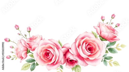Delicate watercolor floral wreath featuring pink roses, softly illuminated with elegant composition.