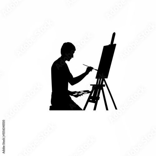 Silhouette of an artist blending colors on a palette on white background