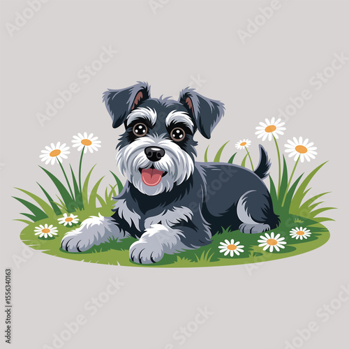 Adorable Miniature Schnauzer Puppy in Daisies