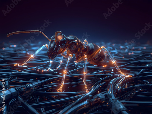 Cybernetic Ant on Cables: A futuristic ant crawls on tangle data cable, embodying the fusion of nature and technology in a stunning illustration.