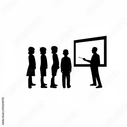 Silhouette of an educator teaching students with VR on white background