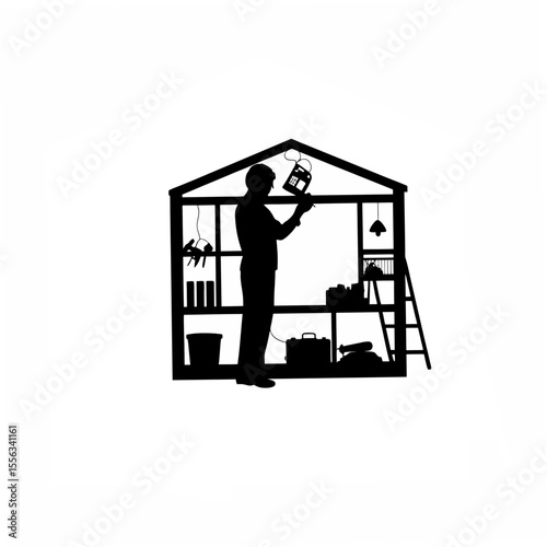 Silhouette of an inventor testing a new gadget at home on white background