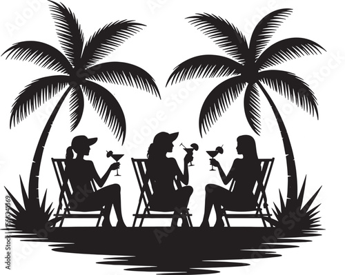  Tropical Beach Vacation Silhouettes: Women Relaxing Under Palm Trees with Cocktails